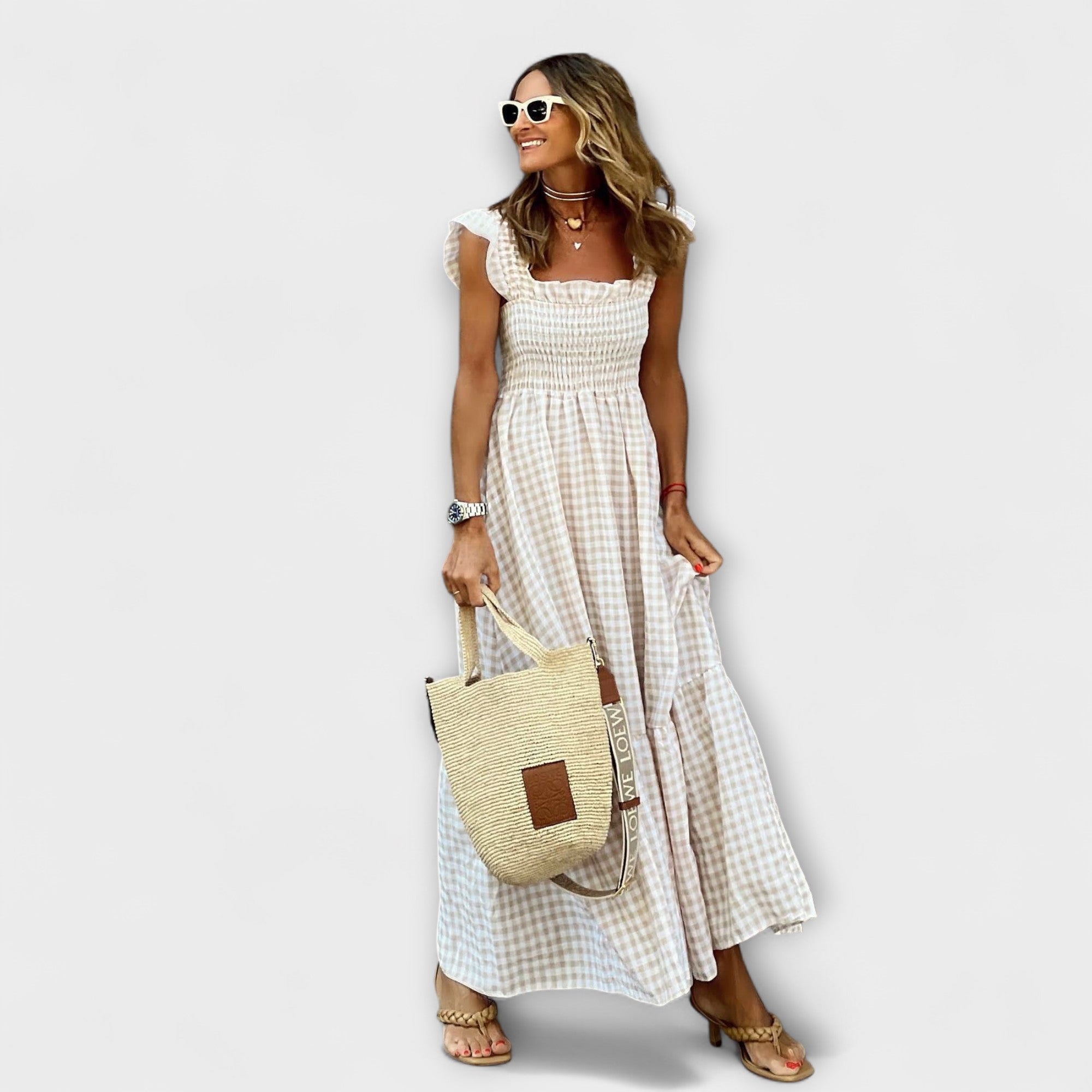 Amara™ | Checked Maxi Dress with Ruffled Sleeves
